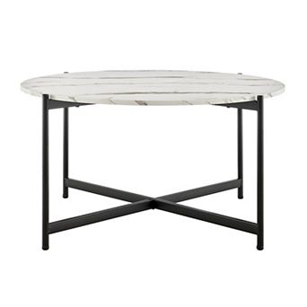 Round Contemporary Marble Finish Veneer Top Black Metal Large Coffee Table