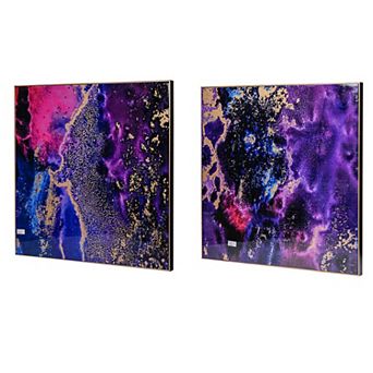 35 X 35 Set Of 2 Framed Wall Art Prints, Gold Pink Purple Abstract Painting