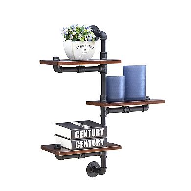 3-tier Vertical Floating Staggered Industrial Rustic Pipe Wall Mount Shelving Unit