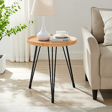 Tadao Raised Lip Edge Side Table With Modern Black Metal Hairpin Legs - Round