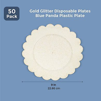50-pack Disposable Gold Glitter Plastic Plates, Scalloped Edges For Wedding, 9"