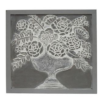 36x36 Inch Wall Art Panel, Carved Flower Vase Design, Gray White Wood
