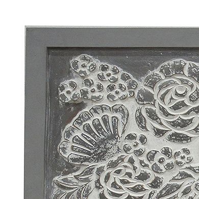 36x36 Inch Wall Art Panel, Carved Flower Vase Design, Gray White Wood