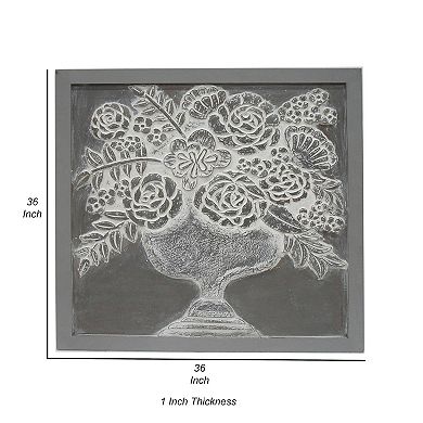 36x36 Inch Wall Art Panel, Carved Flower Vase Design, Gray White Wood