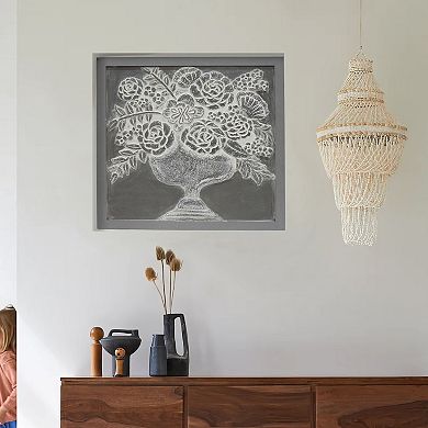 36x36 Inch Wall Art Panel, Carved Flower Vase Design, Gray White Wood