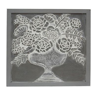 36x36 Inch Wall Art Panel, Carved Flower Vase Design, Gray White Wood