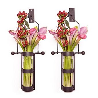 Wall Mount Hanging Glass Cylinder Vase Set With Metal Cradle And Hook