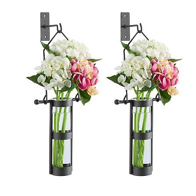 Wall Mount Hanging Glass Cylinder Vase Set With Metal Cradle And Hook