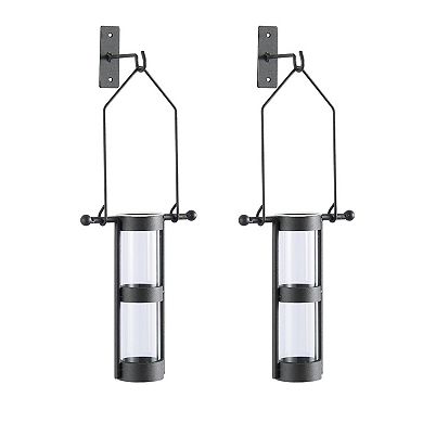 Wall Mount Hanging Glass Cylinder Vase Set With Metal Cradle And Hook