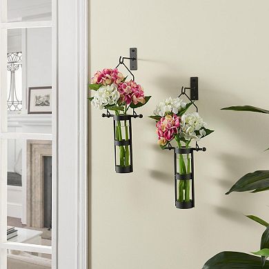 Wall Mount Hanging Glass Cylinder Vase Set With Metal Cradle And Hook
