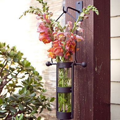 Wall Mount Hanging Glass Cylinder Vase Set With Metal Cradle And Hook