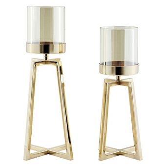 Maeve Tinted Glass Warm Gold Pedestal Hurricane Candle Holders - Set Of 2