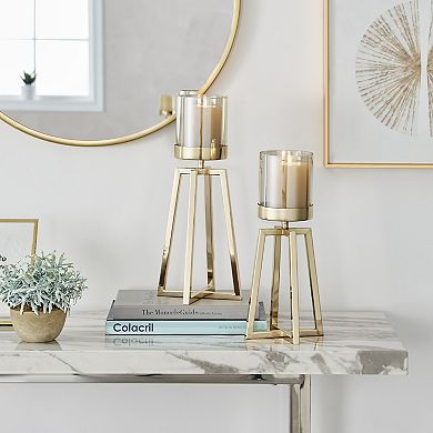 Maeve Tinted Glass Warm Gold Pedestal Hurricane Candle Holders - Set Of 2