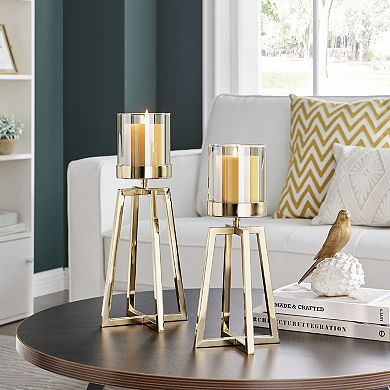 Maeve Tinted Glass Warm Gold Pedestal Hurricane Candle Holders - Set Of 2