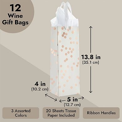 Polka Dot Wine Bottle Gift Bags With Tissue Paper, White And Gold Foil (12 Pack)