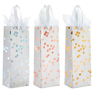 Polka Dot Wine Bottle Gift Bags With Tissue Paper, White And Gold Foil (12 Pack)