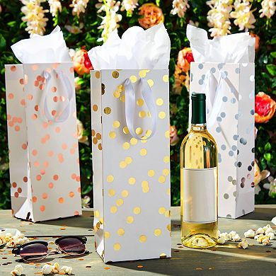 Polka Dot Wine Bottle Gift Bags With Tissue Paper, White And Gold Foil (12 Pack)