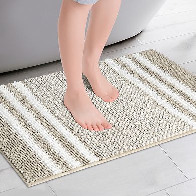 1Pcs Striped Chenille Bathroom Rug with Edges, Non-Slip Bathroom Floor Mat 16" x 24"