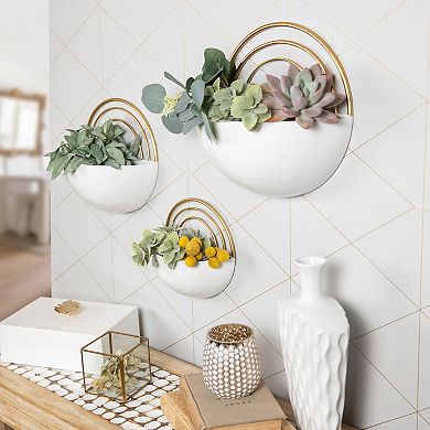 Crescent 3-piece Metal Wall Planter Set - White With Gold Detail