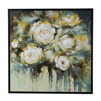 39 X 39 Framed Wall Art, Dreamy Floral Hand Painting, Black, Green, White