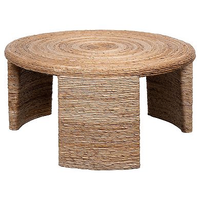 Asha 36 Inch Coffee Table, Round Shaped Top With Natural Rattan Wrapping
