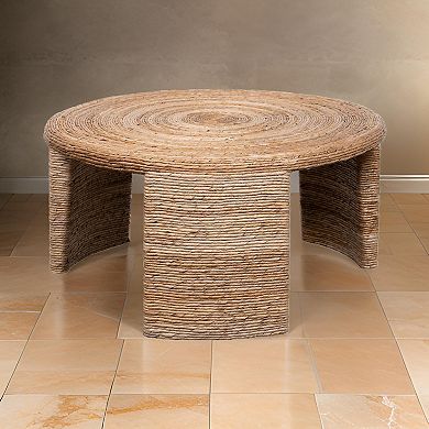 Asha 36 Inch Coffee Table, Round Shaped Top With Natural Rattan Wrapping