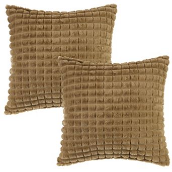 2 pc Checked Faux Fur Plush Throw Pillow Covers Solid Soft Fuzzy Cozy Pillowcases 20"x20"