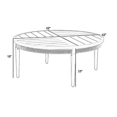 Hosa 42 Inch Outdoor Coffee Table, Black Round Slatted Top, Gray Rope Apron
