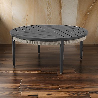 Hosa 42 Inch Outdoor Coffee Table, Black Round Slatted Top, Gray Rope Apron