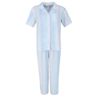 Pj Couture Women's Multi Stripe Notch Short Sleeve Pajama Set