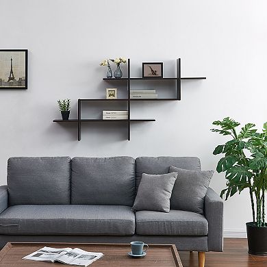 3-tier Wall Mount Floating Ladder Accent Shelf With Criss Cross Asymmetrical Modern Design
