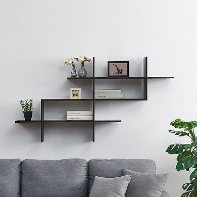 3-tier Wall Mount Floating Ladder Accent Shelf With Criss Cross Asymmetrical Modern Design