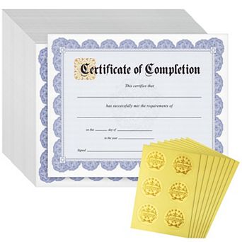 48 Sheets Blue Certificate Of Completion Award Paper W/ Foil Stickers, 8.5 X 11