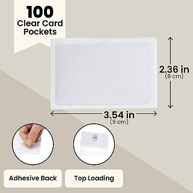 100-pack Clear Adhesive Business Card Holder Pockets, Self-adhesive, 3.75x2 In