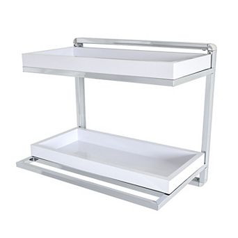 Wall Mount 2 tier Chrome Shelving Unit With Towel Rack And 2 White Removable Trays