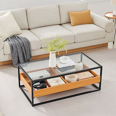 Saarinen Two-level Modern Sunken Glass Display Shelf Rectangle Low Coffee Table