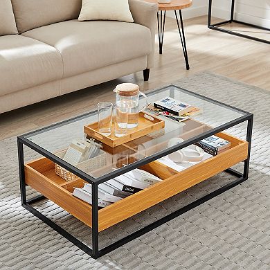 Saarinen Two-level Modern Sunken Glass Display Shelf Rectangle Low Coffee Table