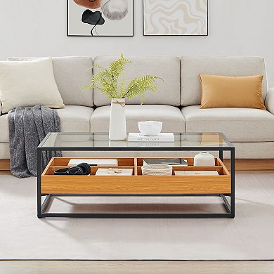 Saarinen Two-level Modern Sunken Glass Display Shelf Rectangle Low Coffee Table
