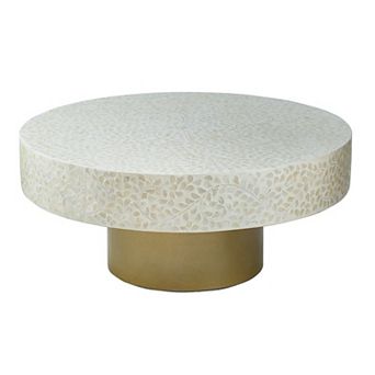 Piki 35 Inch Coffee Table, Mughal Capiz Inlaid Pattern, Cream, Gold