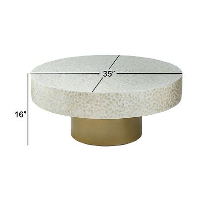 Piki 35 Inch Coffee Table, Mughal Capiz Inlaid Pattern, Cream, Gold