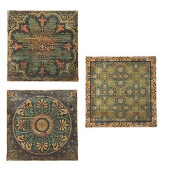 24 X 24 Decorative Wall Art Set Of 3, Square Vintage Brown, Green Designs