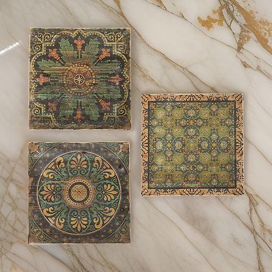 24 X 24 Decorative Wall Art Set Of 3, Square Vintage Brown, Green Designs