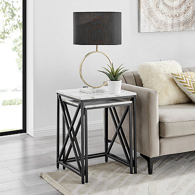 Modern Square Marble Finish Veneer Top Black Metal Frame Nesting End Tables - Set Of 2