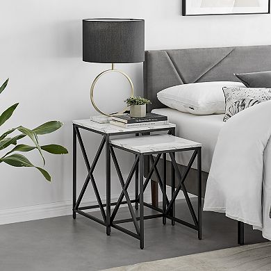 Modern Square Marble Finish Veneer Top Black Metal Frame Nesting End Tables - Set Of 2