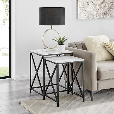 Modern Square Marble Finish Veneer Top Black Metal Frame Nesting End Tables - Set Of 2