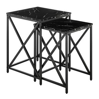 Modern Square Marble Finish Veneer Top Black Metal Frame Nesting End Tables - Set Of 2