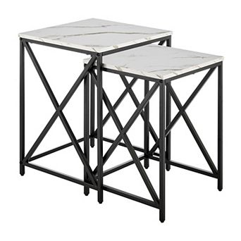 Modern Square Marble Finish Veneer Top Black Metal Frame Nesting End Tables - Set Of 2