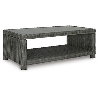 Ellie 50 Inch Outdoor Coffee Table, Lower Shelf, Gray Resin Wicker, Metal