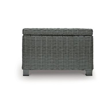 Ellie 50 Inch Outdoor Coffee Table, Lower Shelf, Gray Resin Wicker, Metal