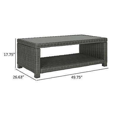 Ellie 50 Inch Outdoor Coffee Table, Lower Shelf, Gray Resin Wicker, Metal